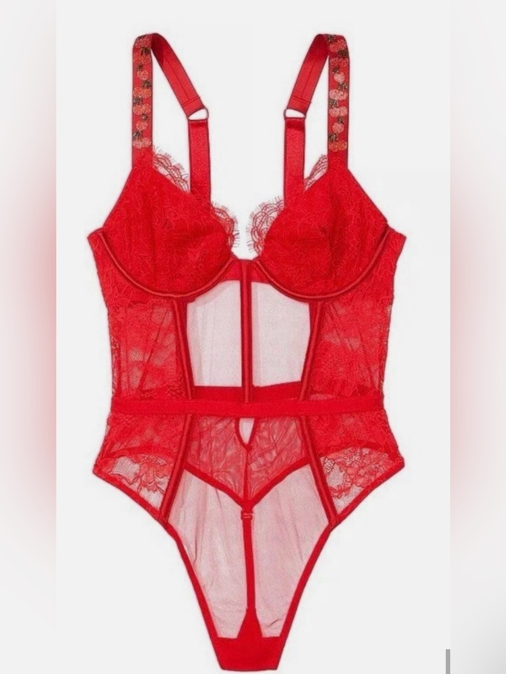 VICTORIA'S SECRET RED CHERRIES CHERRY SHINE STRAP LACE MESH TEDDY BODYSUIT BRA S